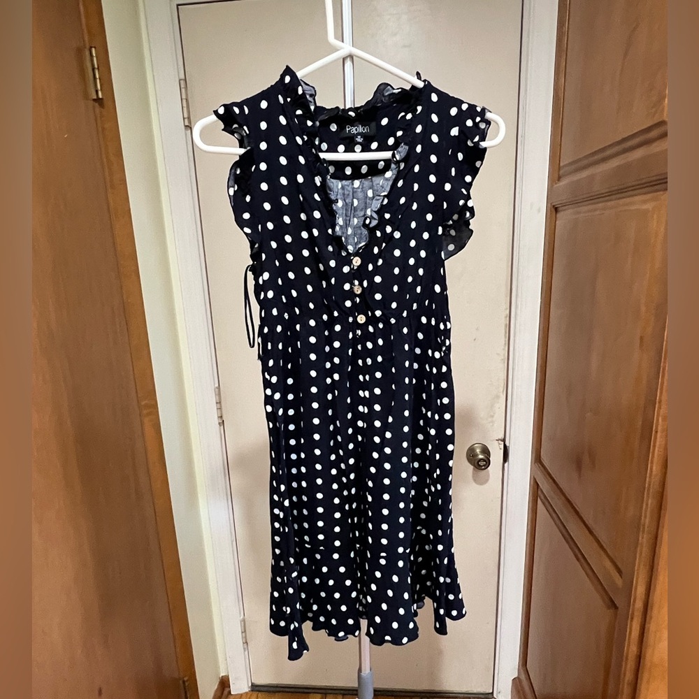 Papillon Black with white polka-dots sleeveless dress - size Medium